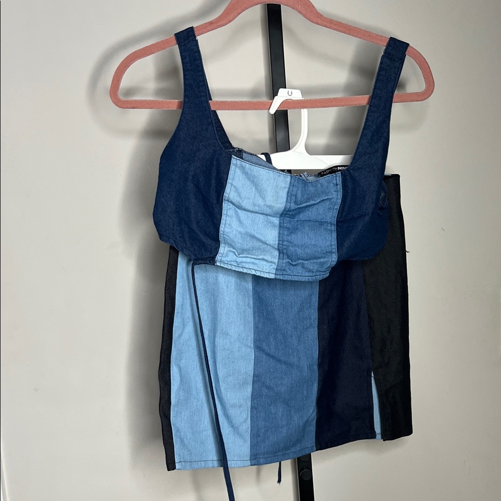 Patchwork Denim Crop Top Set - image 2